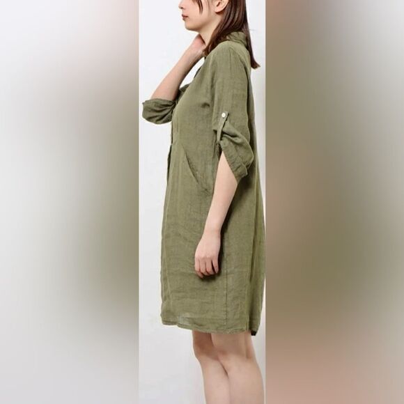 ELENA BALDI 100% LINEN KHAKI GREEN TAB SLEEVE SHIRT POCKETS DRESS ITALY SIZE S - Picture 7 of 7